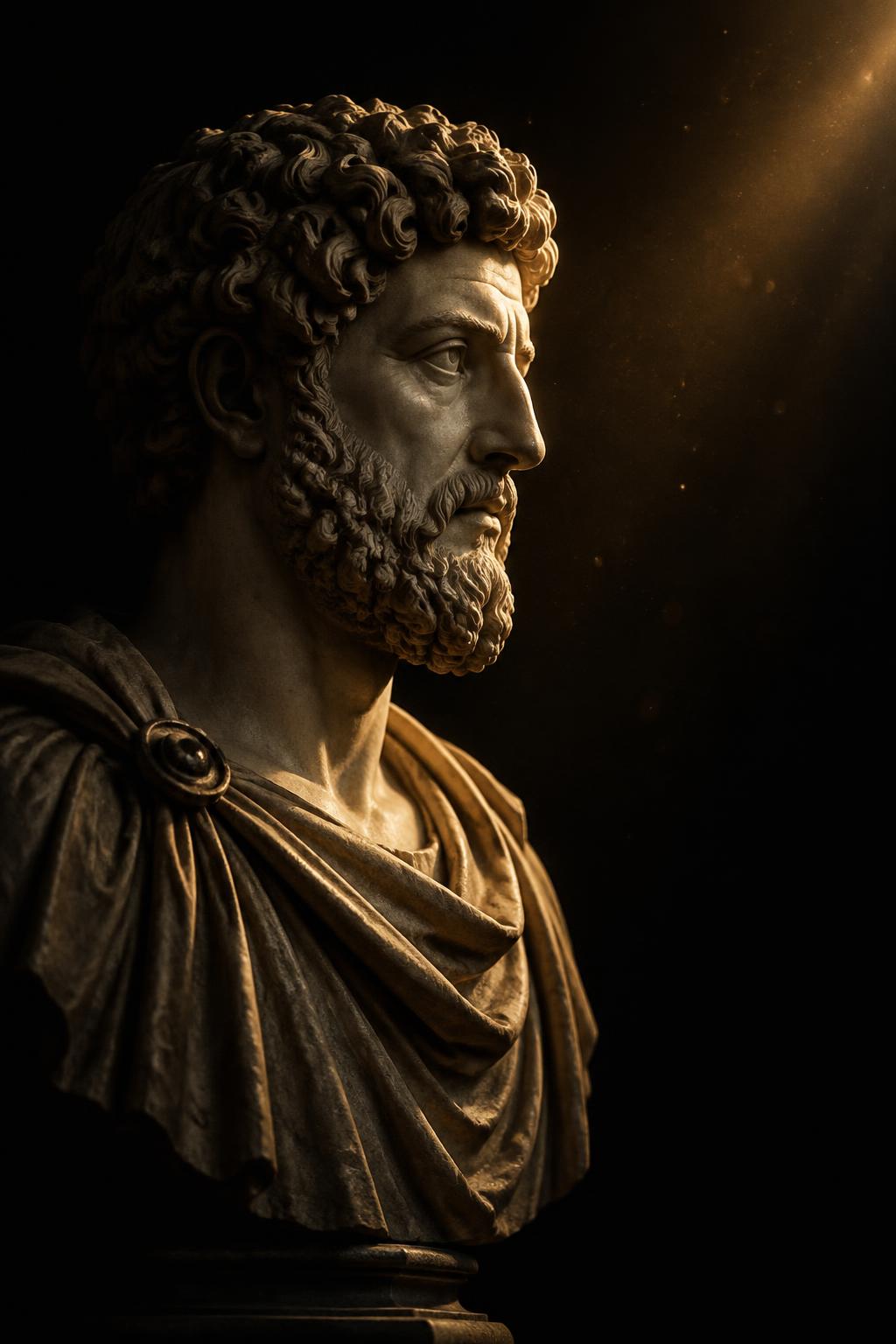 Escultura clássica de filósofo romano sob luz dourada
